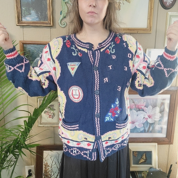 Vintage Sweater Cardigan Oversized Bohemian Colligate Style Blue Pink Yellow M - Picture 6 of 12